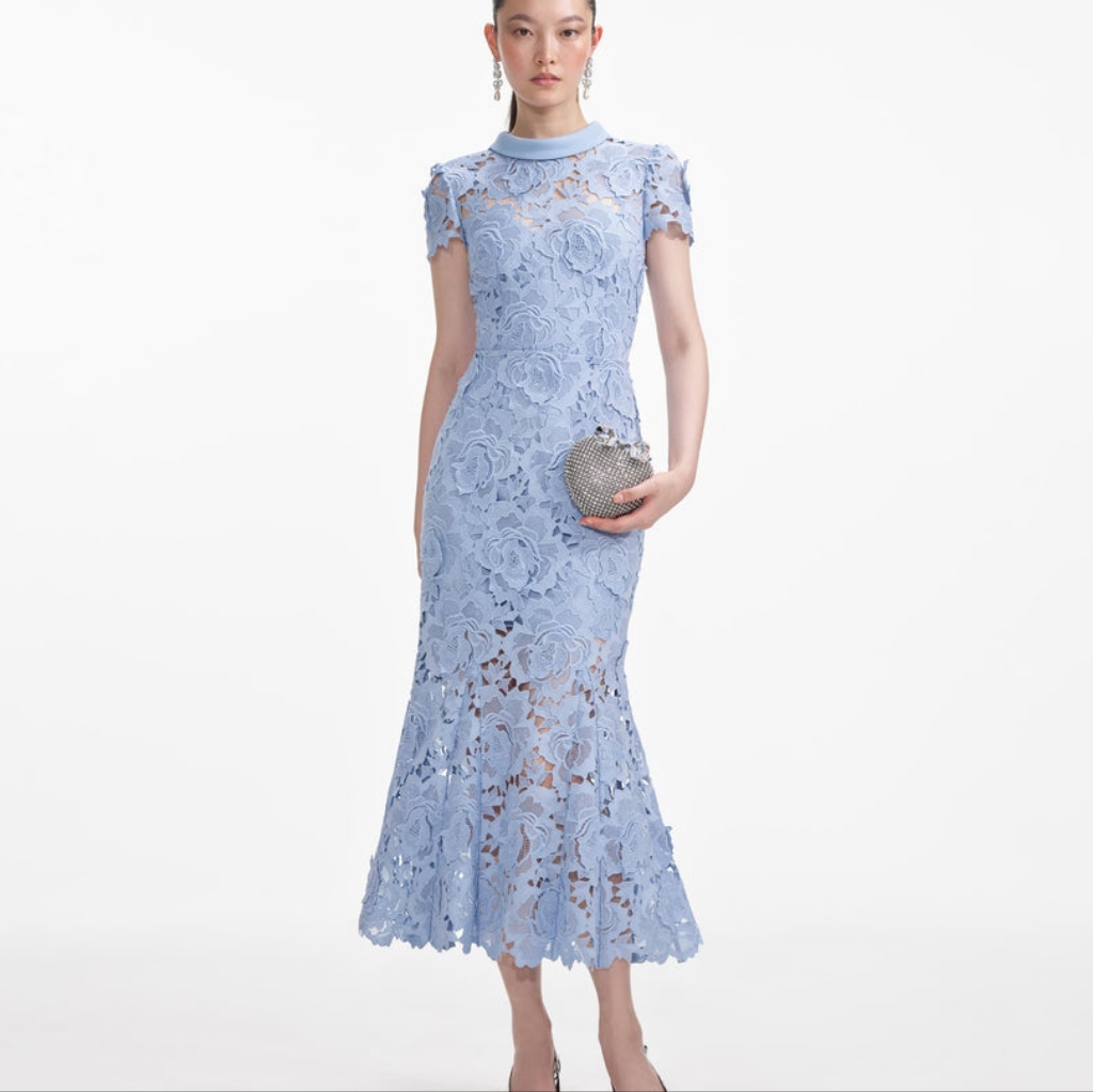 Self-Portrait Blue Flower Lace Xontrqst Collar Midi Dress